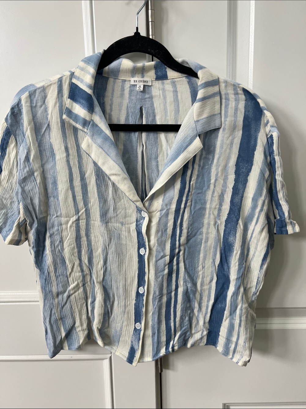 Button-Front Short Sleeve Stripe Shirt - Blue & Cream